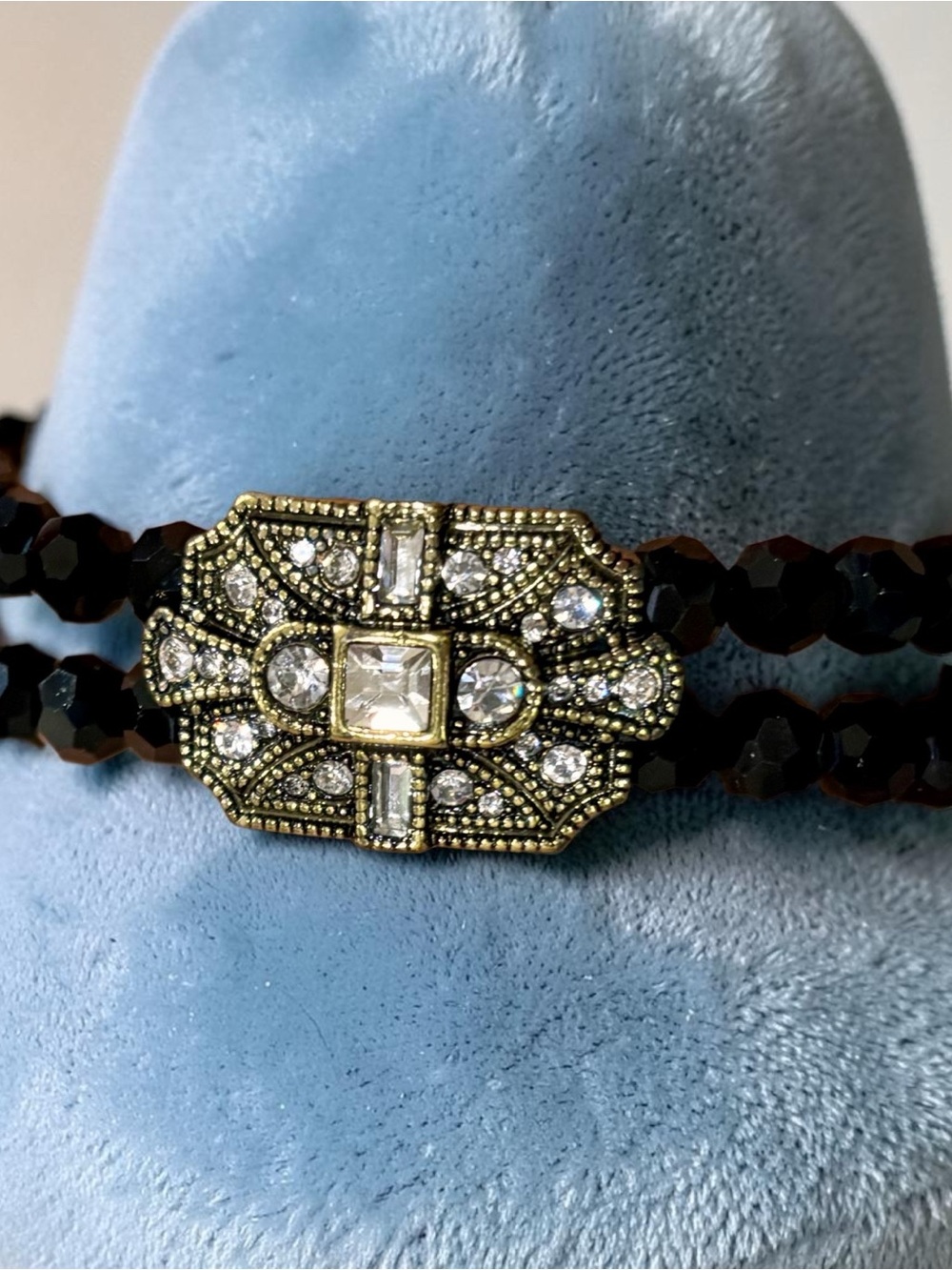 Black Beaded Bracelet with Silver / Clear Swarovski Crystal Art Deco Accent